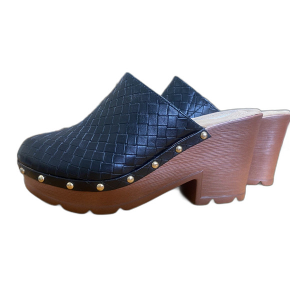 ATALINA FAUX LEATHER WOVEN PATTERN STUDDED HEELED CLOGS Size 8 - Picture 1 of 5